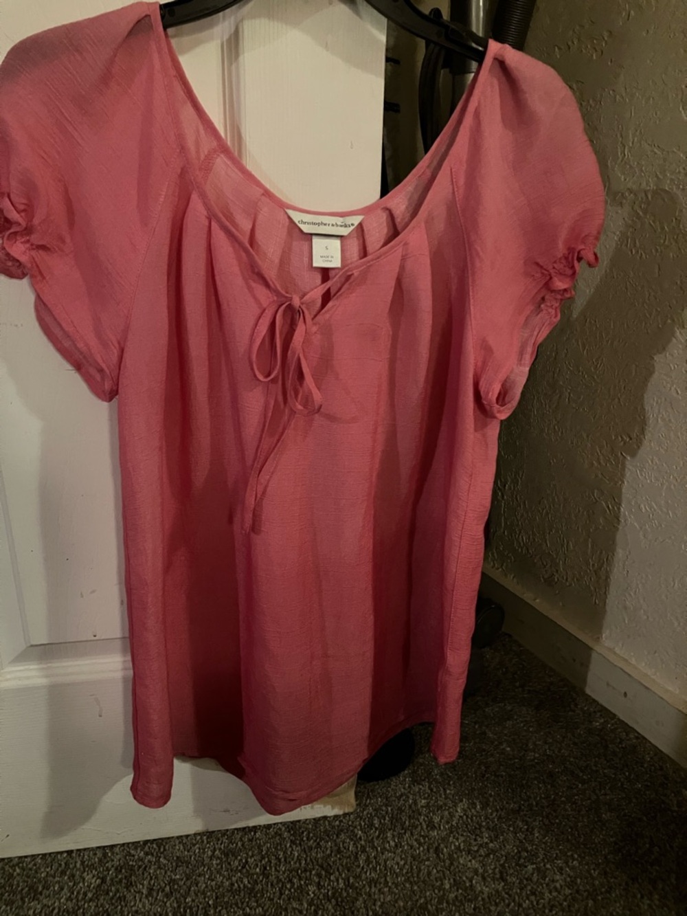 Christopher & Banks Rose Pink Short Sleeve Tie-Neck Blouse